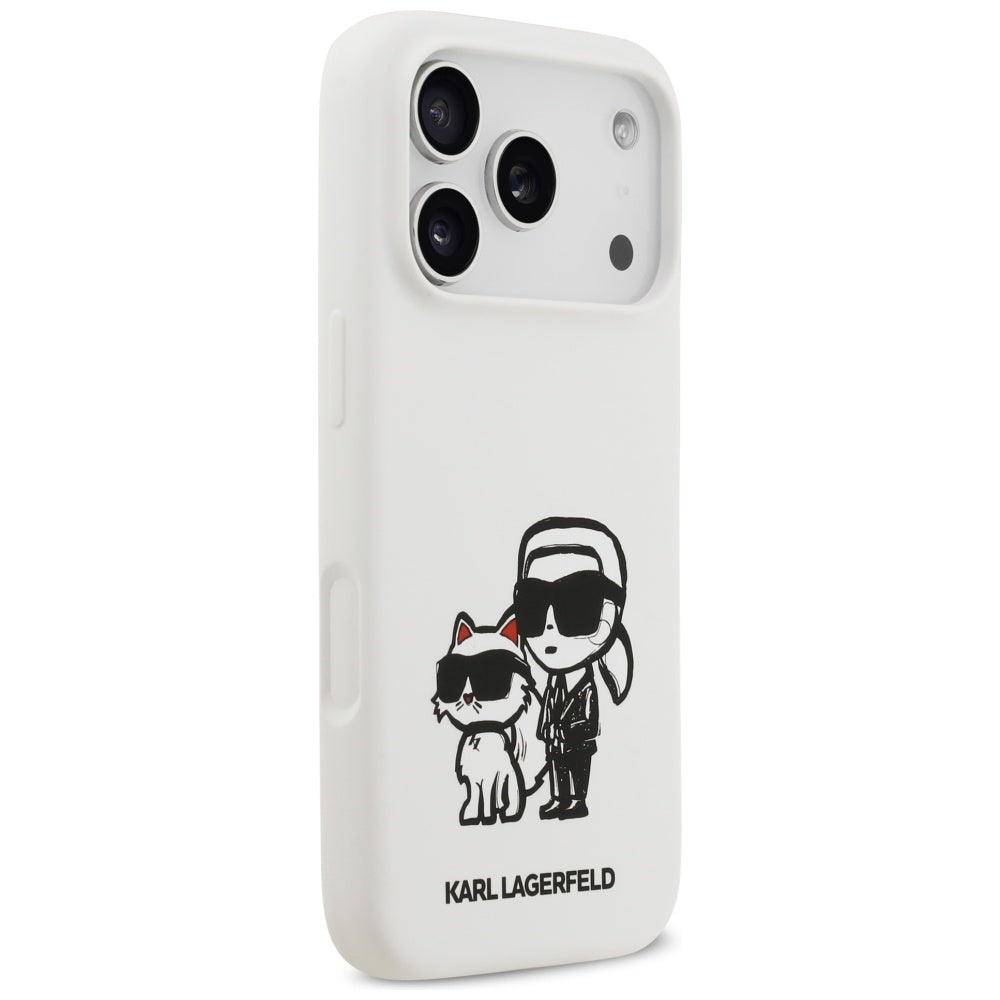 Case for Apple iPhone 17 Pro, Karl Lagerfeld, Sketch and Logo Karl & Choupette, White