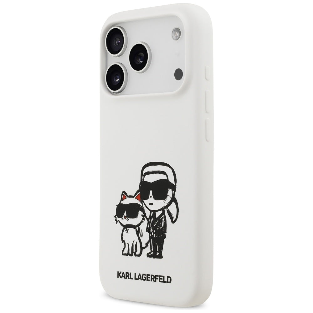 Case for Apple iPhone 17 Pro, Karl Lagerfeld, Sketch and Logo Karl & Choupette, White
