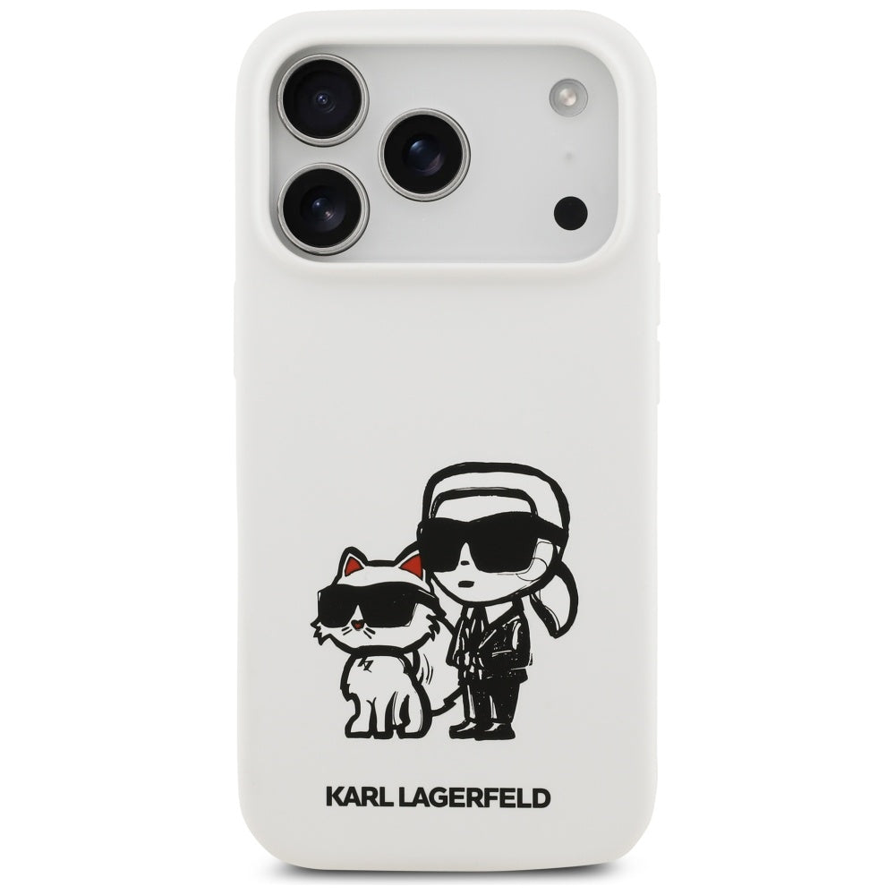 Case for Apple iPhone 17 Pro, Karl Lagerfeld, Sketch and Logo Karl & Choupette, White