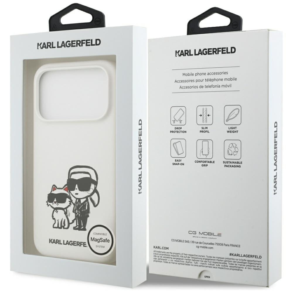Case for Apple iPhone 17 Pro, Karl Lagerfeld, Sketch and Logo Karl & Choupette, White