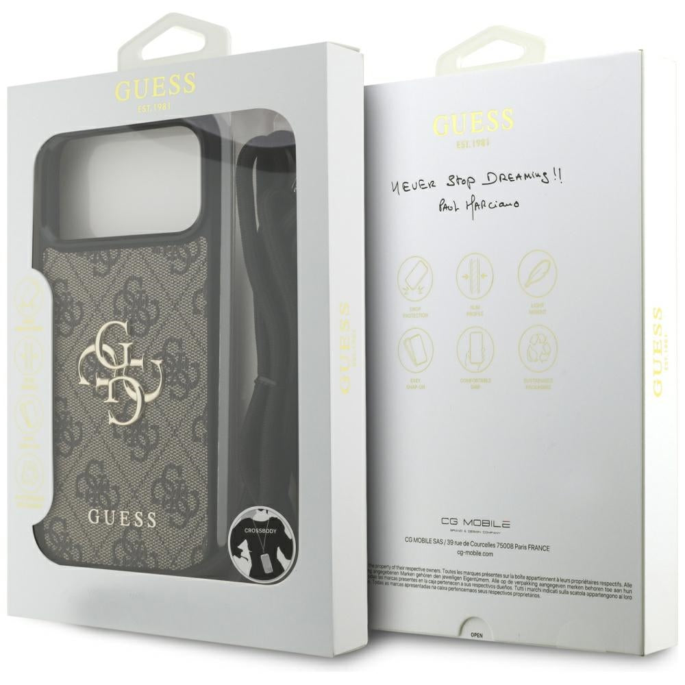 Case for Apple iPhone 17 Pro Max, Guess, 4G CBDY Big Logo with Cord Strap, Brown