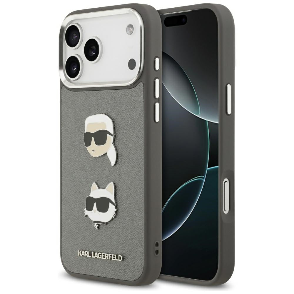 Θήκη για Apple iPhone 17 Pro Max, Karl Lagerfeld, Grained Karl & Choupette's Heads Pins and Logo, Γκρι