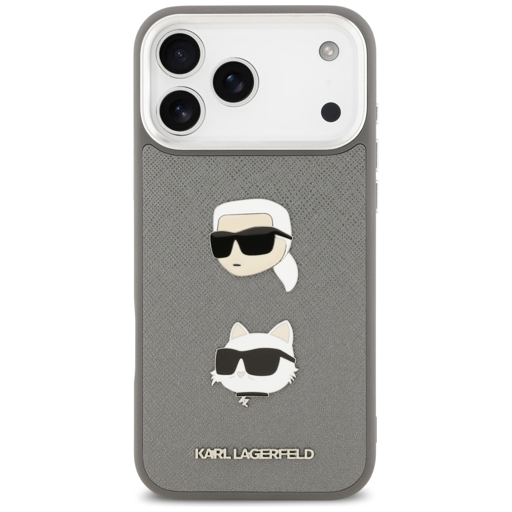 Θήκη για Apple iPhone 17 Pro Max, Karl Lagerfeld, Grained Karl & Choupette's Heads Pins and Logo, Γκρι
