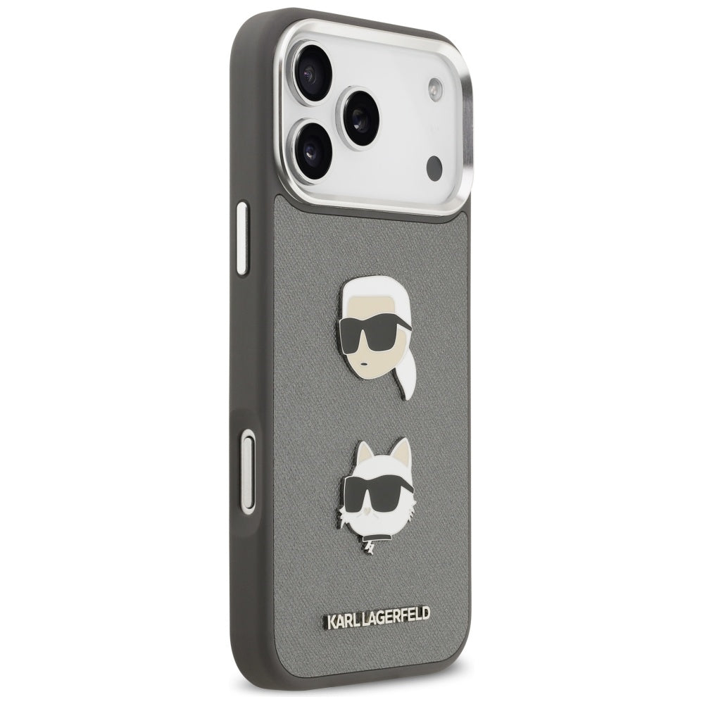 Θήκη για Apple iPhone 17 Pro Max, Karl Lagerfeld, Grained Karl & Choupette's Heads Pins and Logo, Γκρι