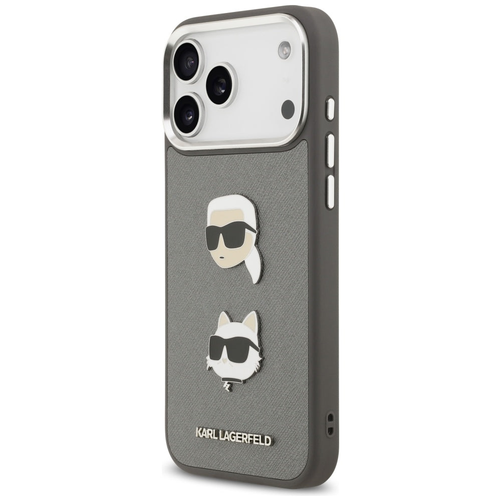 Θήκη για Apple iPhone 17 Pro Max, Karl Lagerfeld, Grained Karl & Choupette's Heads Pins and Logo, Γκρι