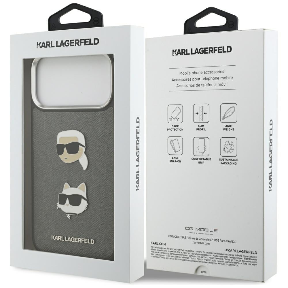 Θήκη για Apple iPhone 17 Pro Max, Karl Lagerfeld, Grained Karl & Choupette's Heads Pins and Logo, Γκρι