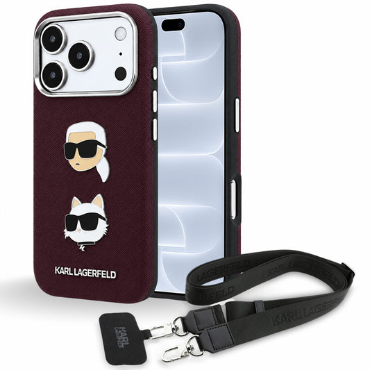 Θήκη για Apple iPhone 18 Pro / 17 Pro, Karl Lagerfeld, Saffiano Crossbody Karl & Choupette Head's Pins Logo, Μπορντό