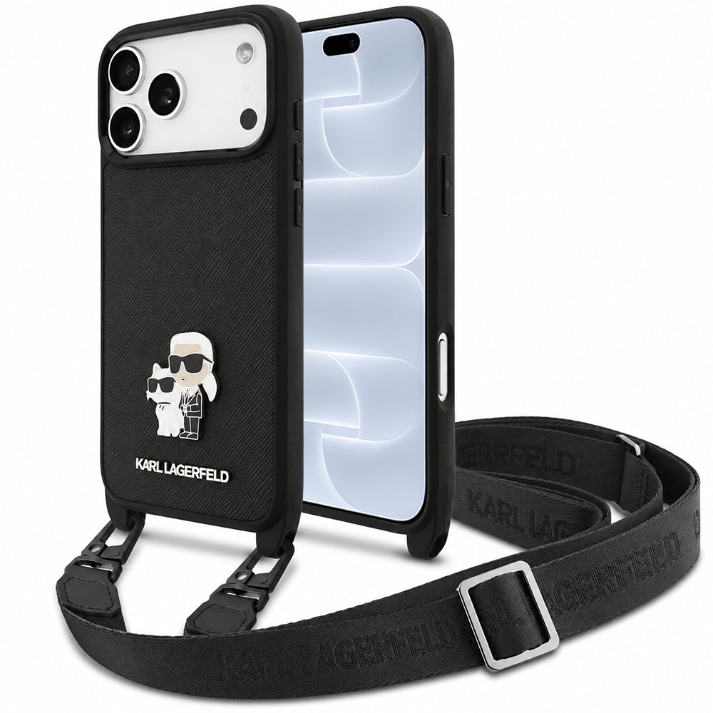 Θήκη για Apple iPhone 18 Pro / 17 Pro, Karl Lagerfeld, Saffiano Crossbody Metal Pin Karl & Choupette, Μαύρη