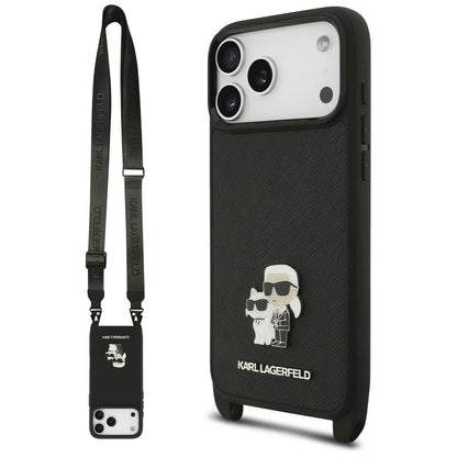 Θήκη για Apple iPhone 18 Pro / 17 Pro, Karl Lagerfeld, Saffiano Crossbody Metal Pin Karl & Choupette, Μαύρη