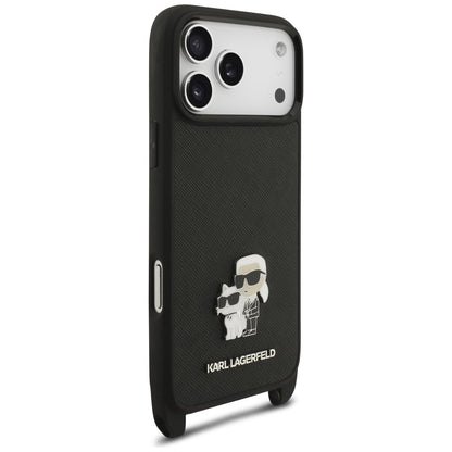 Θήκη για Apple iPhone 18 Pro / 17 Pro, Karl Lagerfeld, Saffiano Crossbody Metal Pin Karl & Choupette, Μαύρη