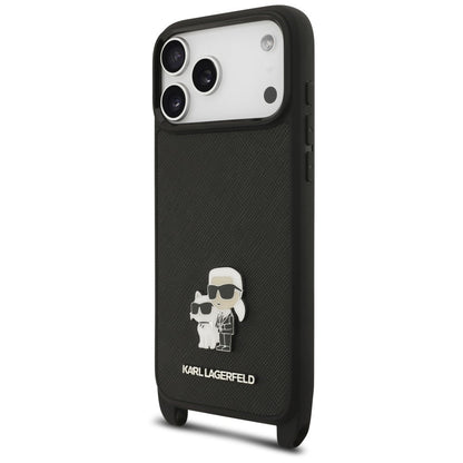 Θήκη για Apple iPhone 18 Pro / 17 Pro, Karl Lagerfeld, Saffiano Crossbody Metal Pin Karl & Choupette, Μαύρη