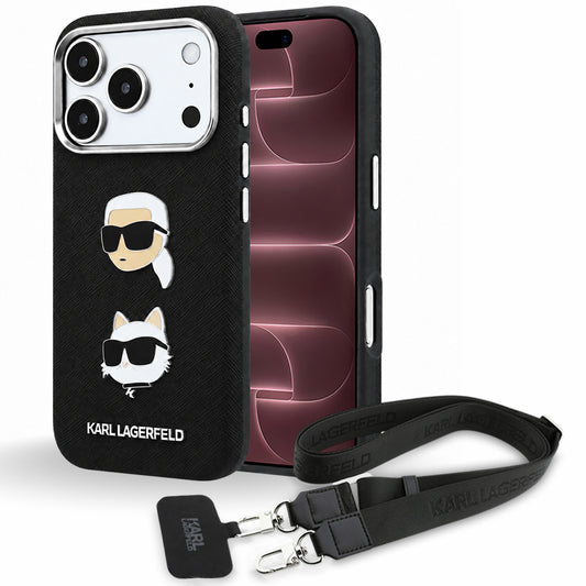 Θήκη για Apple iPhone 18 Pro Max / 17 Pro Max, Karl Lagerfeld, Saffiano Crossbody Karl & Choupette Head's Pins Logo, Μαύρη