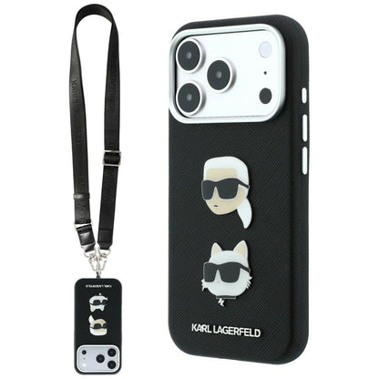 Θήκη για Apple iPhone 18 Pro Max / 17 Pro Max, Karl Lagerfeld, Saffiano Crossbody Karl & Choupette Head's Pins Logo, Μαύρη