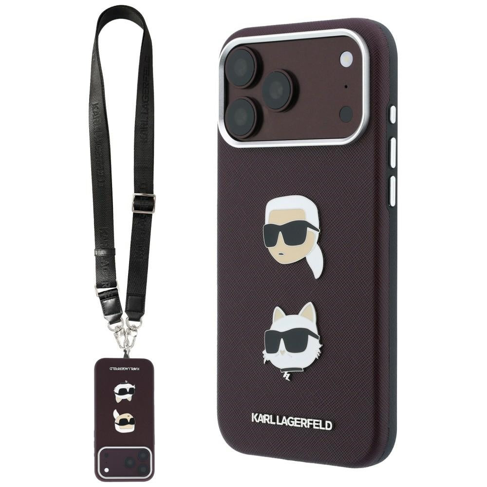 Θήκη για Apple iPhone 18 Pro Max / 17 Pro Max, Karl Lagerfeld, Saffiano Crossbody Karl & Choupette Head's Pins Logo, Μπορντό