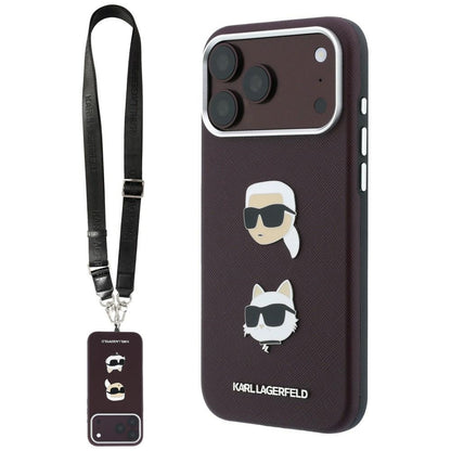 Θήκη για Apple iPhone 18 Pro Max / 17 Pro Max, Karl Lagerfeld, Saffiano Crossbody Karl & Choupette Head's Pins Logo, Μπορντό