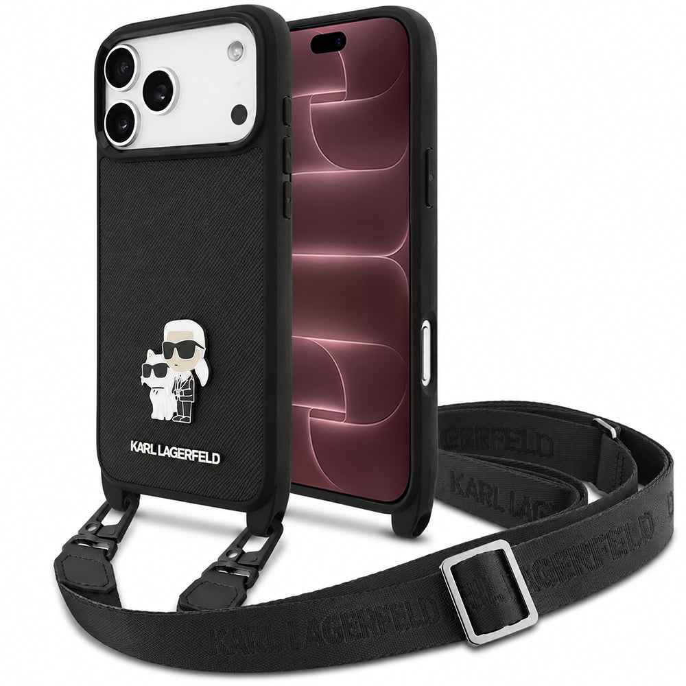 Θήκη για Apple iPhone 18 Pro Max / 17 Pro Max, Karl Lagerfeld, Saffiano Crossbody Metal Pin Karl & Choupette, Μαύρη