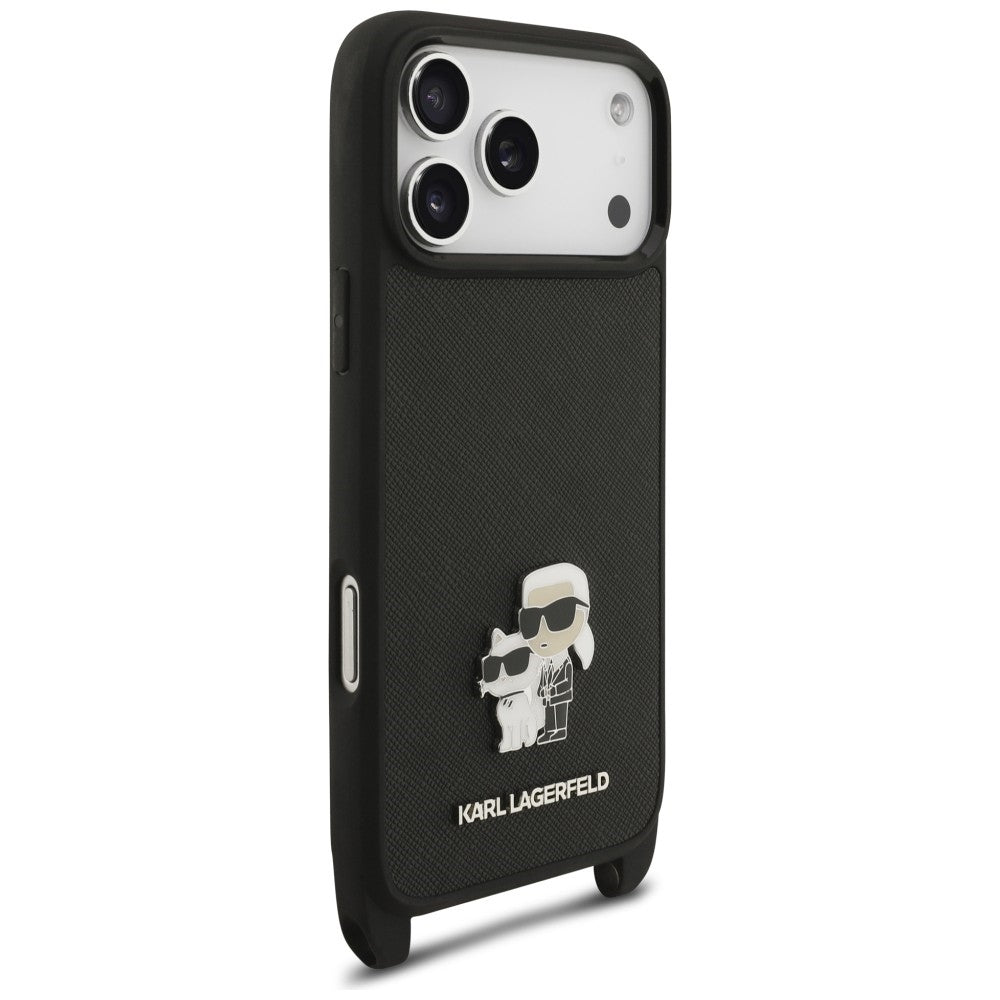 Θήκη για Apple iPhone 18 Pro Max / 17 Pro Max, Karl Lagerfeld, Saffiano Crossbody Metal Pin Karl & Choupette, Μαύρη