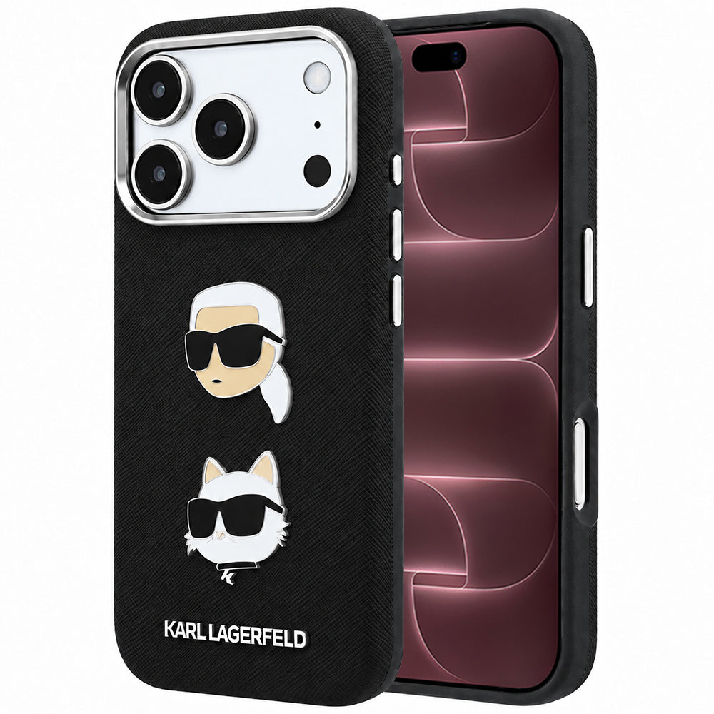 Θήκη για Apple iPhone 18 Pro Max / 17 Pro Max, Karl Lagerfeld, Saffiano με καρφίτσα κεφαλής Karl & Choupette και λογότυπο, Μαύρη
