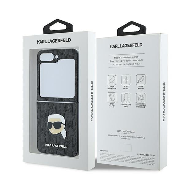 Θήκη για Samsung Galaxy Z Flip7 FE F761 / Z Flip6 F741, Karl Lagerfeld, Saffiano Monogram Karl's Head Metal, Μαύρη
