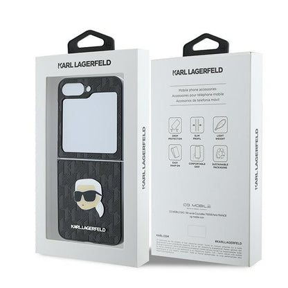 Θήκη για Samsung Galaxy Z Flip7 FE F761 / Z Flip6 F741, Karl Lagerfeld, Saffiano Monogram Karl's Head Metal, Μαύρη