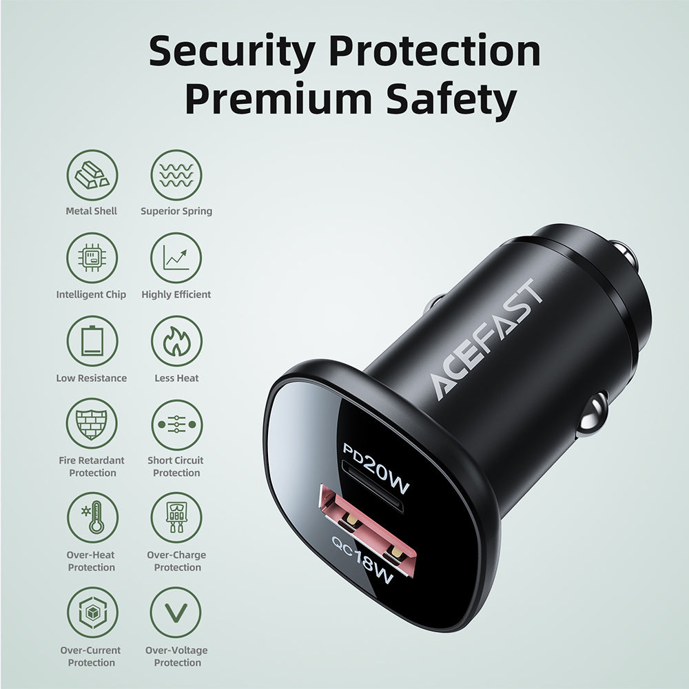 Φορτιστής Αυτοκινήτου Acefast B1, 38W, 3A, 1 x USB-A - 1 x USB-C, Μαύρος