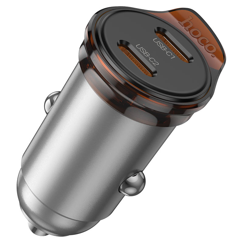 Car Charger with Lightning Cable HOCO NZ16B, 45W, 3A, 2 x USB-C, Grey