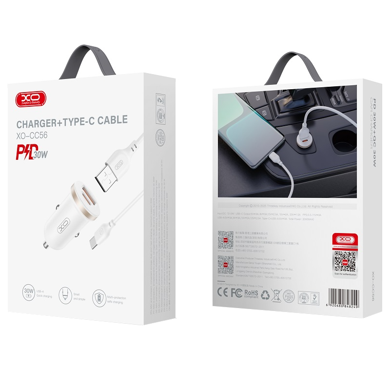 Φορτιστής Αυτοκινήτου με Καλώδιο USB-C XO Design CC56, 30W, 3A, 1 x USB-A - 1 x USB-C, Λευκό