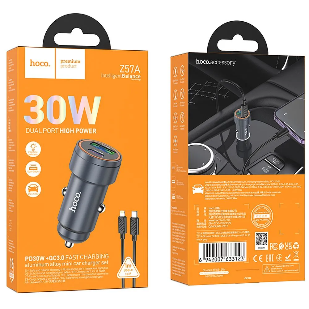 Car Charger with Lightning Cable HOCO Z57A, 30W, 3A, 1 x USB-A - 1 x USB-C, Gray