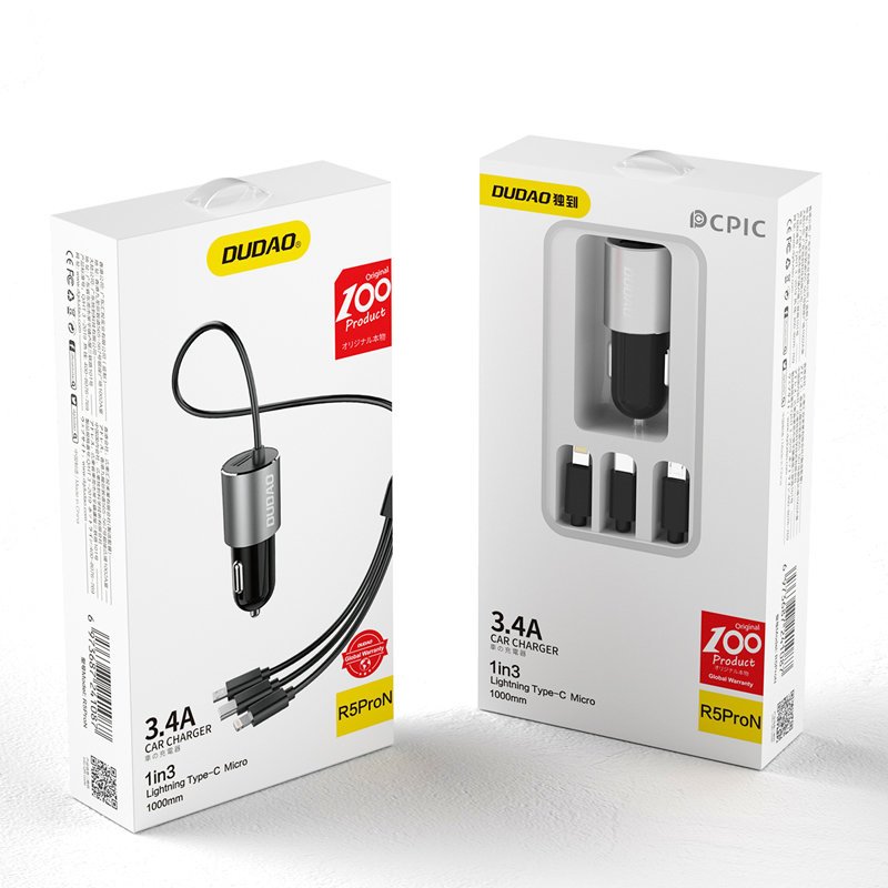 Φορτιστής Αυτοκινήτου με Καλώδιο Lightning / microUSB / USB-C Dudao R5ProN, 17W, 3.4A, 1 x USB-A, Μαύρο