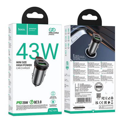 Φορτιστής Αυτοκινήτου με Καλώδιο USB-C HOCO NZ16A, 43W, 3A, 1 x USB-A - 1 x USB-C, Γκρι