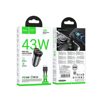 Φορτιστής Αυτοκινήτου με Καλώδιο Lightning HOCO NZ16A, 43W, 3A, 1 x USB-A - 1 x USB-C, Γκρι