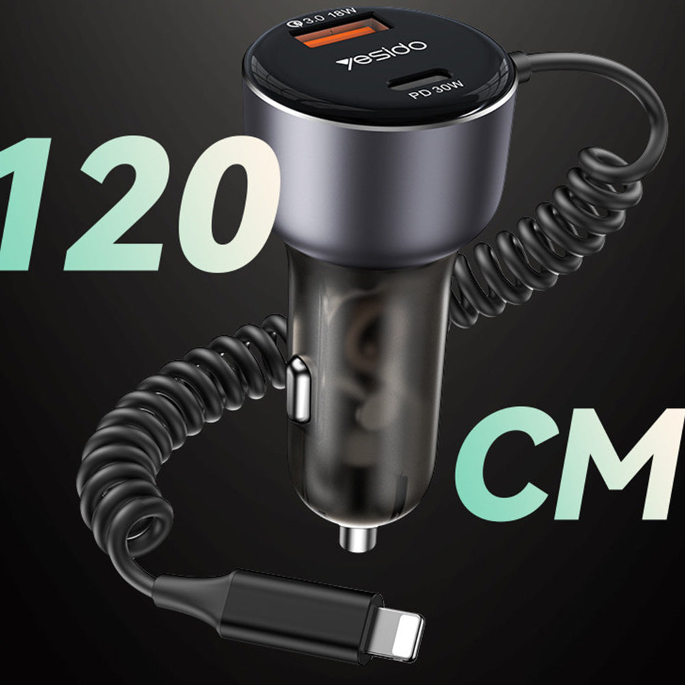 Φορτιστής Αυτοκινήτου με Καλώδιο Lightning Yesido Y57, 50W, 3A, 1 x USB-A - 1 x USB-C, Μαύρο
