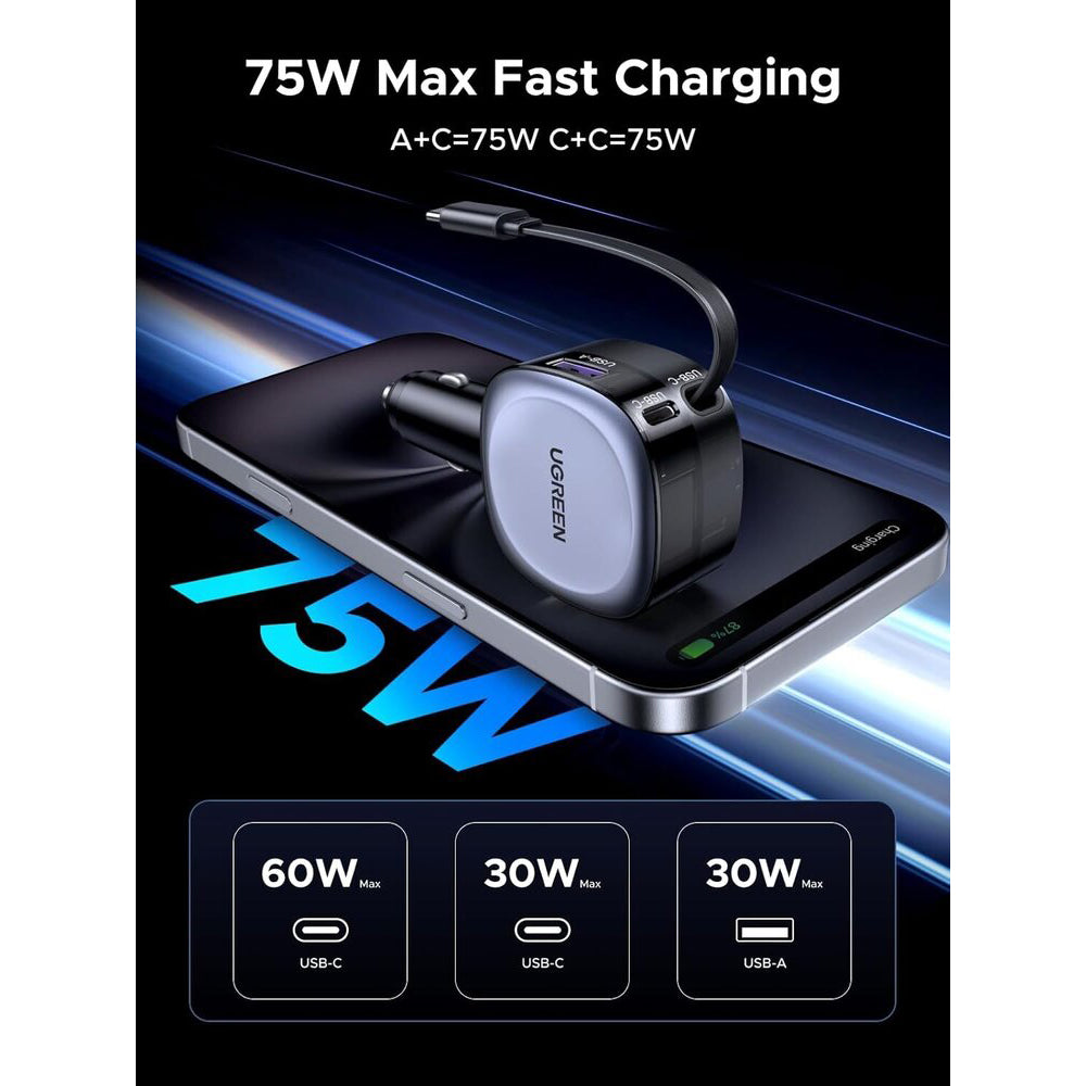 UGREEN EC601 Car Charger with USB-C Cable, 75W, 3A, 1 x USB-A - 1 x USB-C, Grey
