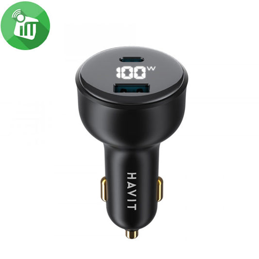 HAVIT CC100W Display Car Charger, 100W, 5A, 1 x USB-A - 1 x USB-C, Black