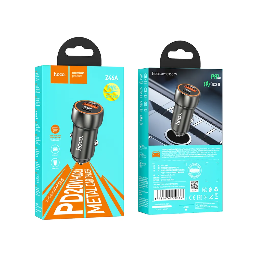 Φορτιστής αυτοκινήτου HOCO Z46A, 20W, 3A, 1 x USB-A - 1 x USB-C, γκρι 