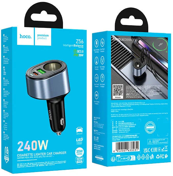 Φορτιστής Αυτοκινήτου HOCO Z56, 35W, 3A, 1 x USB-A - 1 x USB-C - 1 x Επέκταση Αναπτήρα, Μαύρο