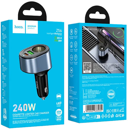 Φορτιστής Αυτοκινήτου HOCO Z56, 35W, 3A, 1 x USB-A - 1 x USB-C - 1 x Επέκταση Αναπτήρα, Μαύρο