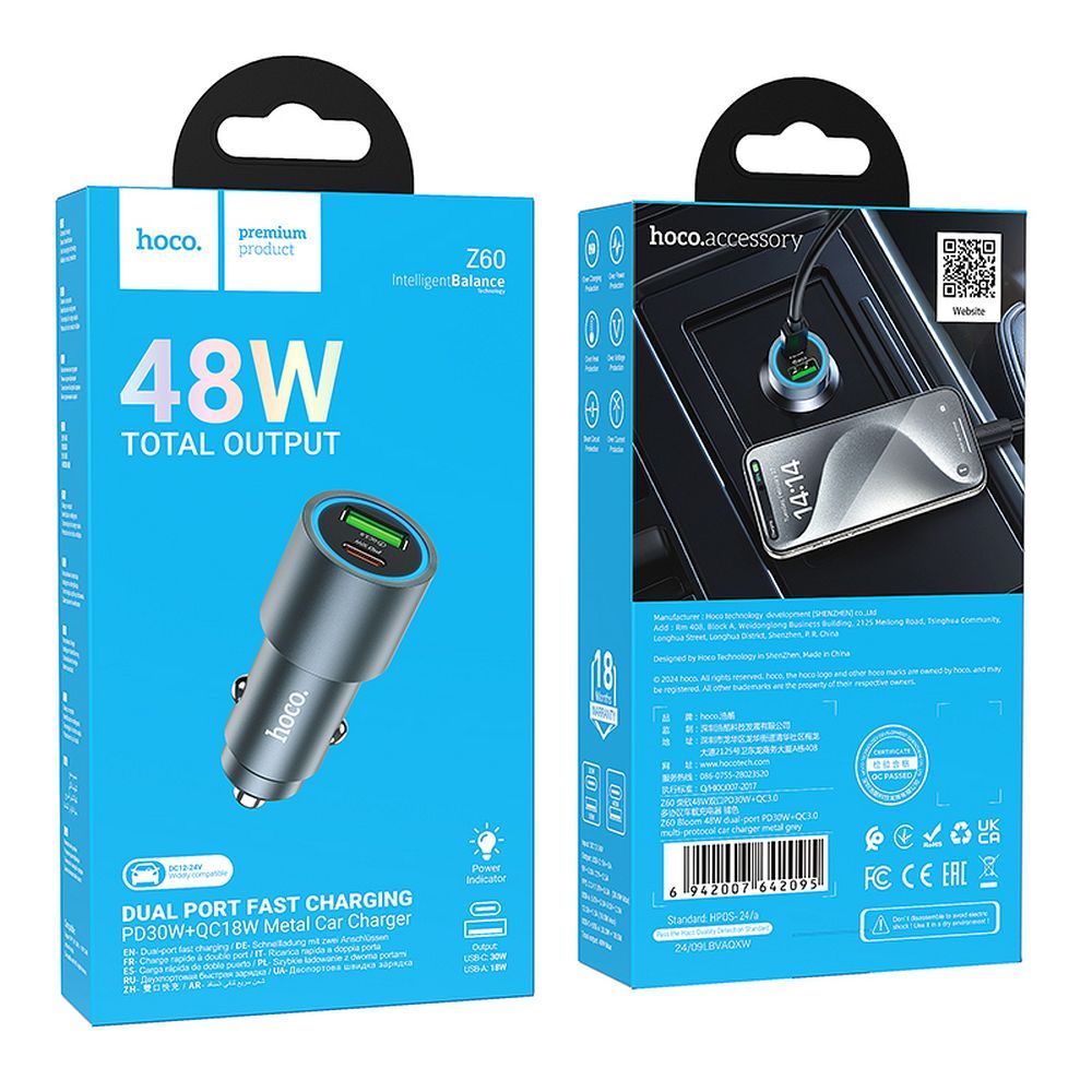 Φορτιστής Αυτοκινήτου HOCO Z60, 48W, 3A, 1 x USB-A - 1 x USB-C, Μαύρο