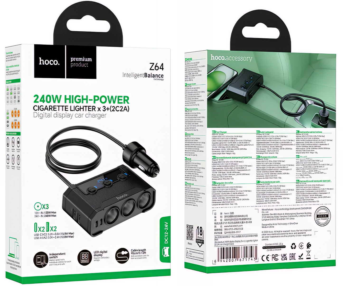Φορτιστής Αυτοκινήτου HOCO Z64, 15.5W, 3.1A, 2 x USB-A - 2 x USB-C - 3 x Επέκταση Αναπτήρα, Μαύρο