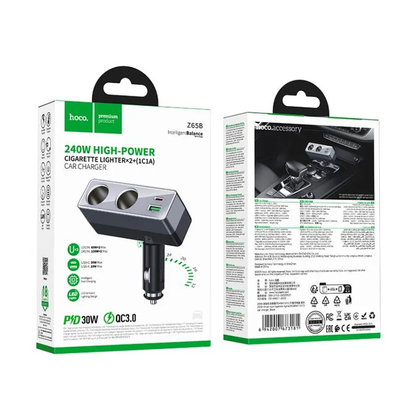 HOCO Z65B Car Charger, 240W, 1 x USB-A - 1 x USB-C - 2 x Cigarette Lighter Extension, Black