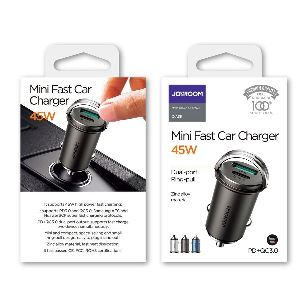 Φορτιστής Αυτοκινήτου Joyroom C-A35, 45W, 5A, 1 x USB-A - 1 x USB-C, Γκρι