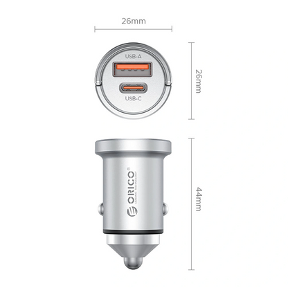 Φορτιστής Αυτοκινήτου Orico MiniRing Pro, 45W, 3A, 1 x USB-A - 1 x USB-C, Ασημί