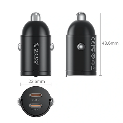 Orico MiniRing Car Charger, 30W, 3A, 2 x USB-C, Black