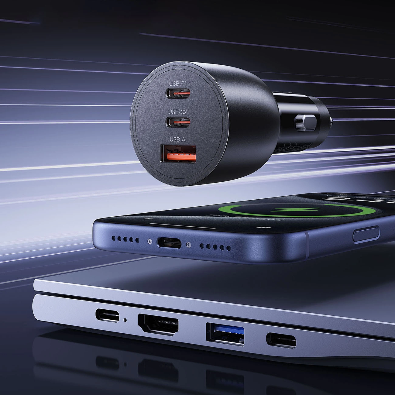 Orico PowerLink Car Charger, 165W, 5A, 1 x USB-A - 2 x USB-C, Black