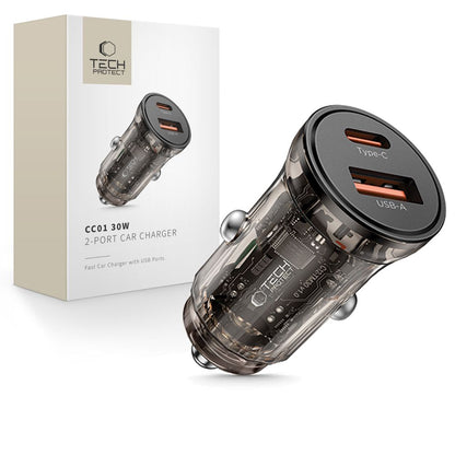 Tech-Protect CC01 Car Charger, 30W, 3A, 1 x USB-A - 1 x USB-C, Black