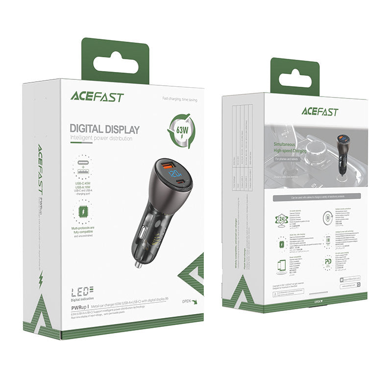 Φορτιστής Αυτοκινήτου Acefast B6, 63W, 3.6A, 1 x USB-A - 1 x USB-C, Μαύρο