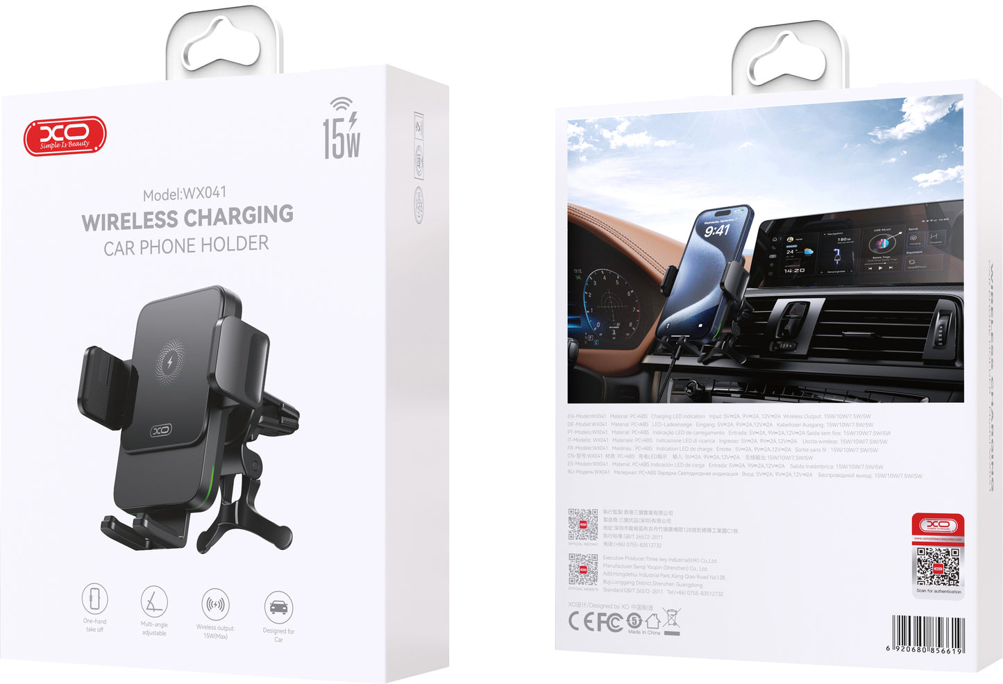 XO Design WX041 Vent Wireless Car Charger, 15W, 1.67A, Black