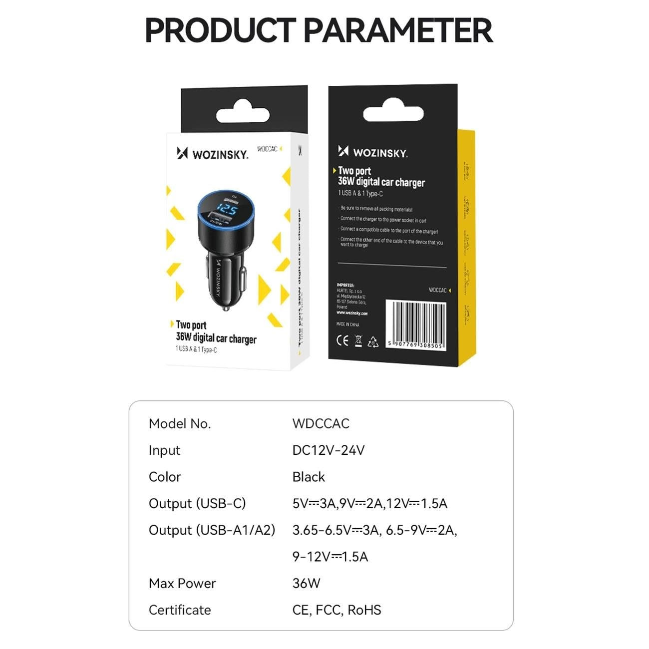 Φορτιστής αυτοκινήτου WZK WDCCAC, 36W, 3A, 1 x USB-A - 1 x USB-C, Μαύρο 