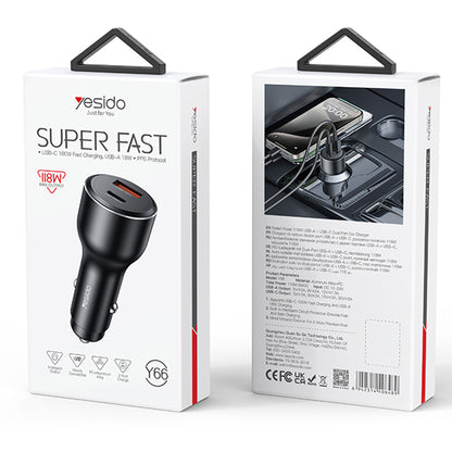 Φορτιστής Αυτοκινήτου Yesido Y65, 100W, 5A, 1 x USB-A - 1 x USB-C, Μαύρο