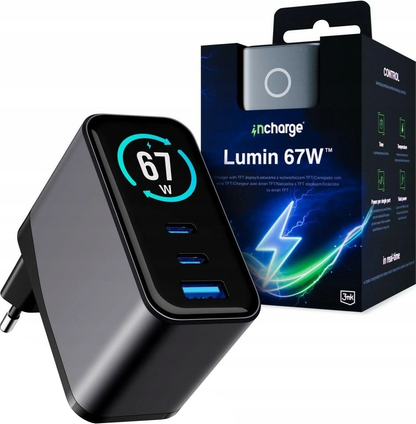 Φορτιστής Δικτύου 3MK InCharge Lumin Display, 67W, 5A, 1 x USB-A - 2 x USB-C, Μαύρο